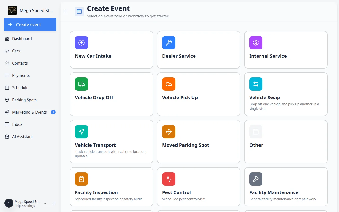Create event home page with event type cards arranged in three columns