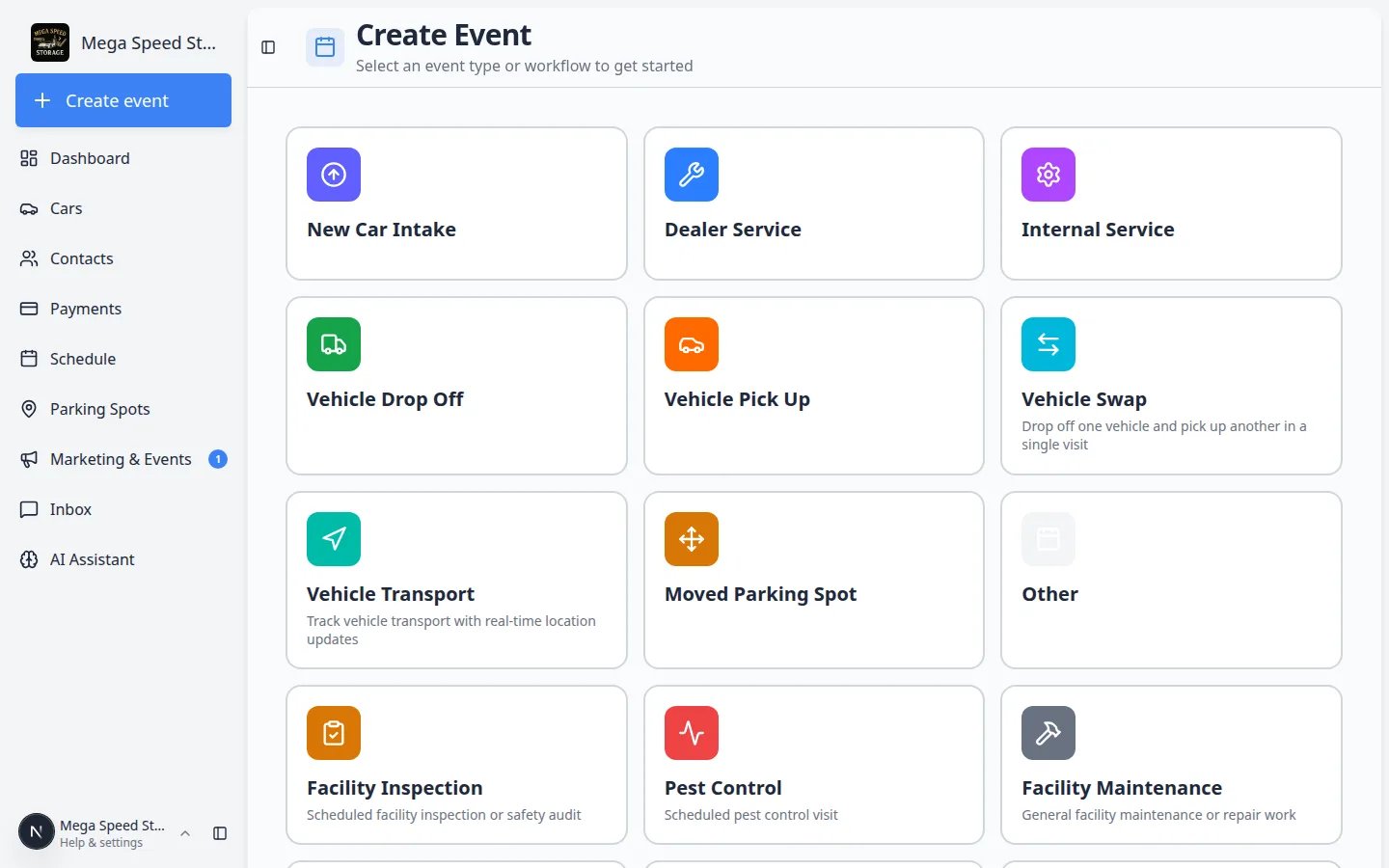 Create event home page with event type cards arranged in three columns