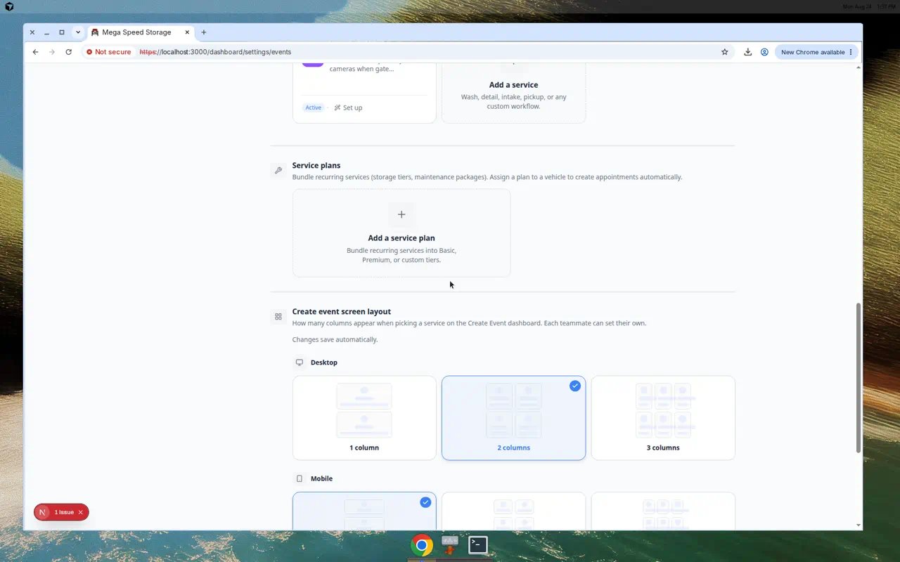 Services and schedule page showing Create event screen layout with desktop and mobile column options