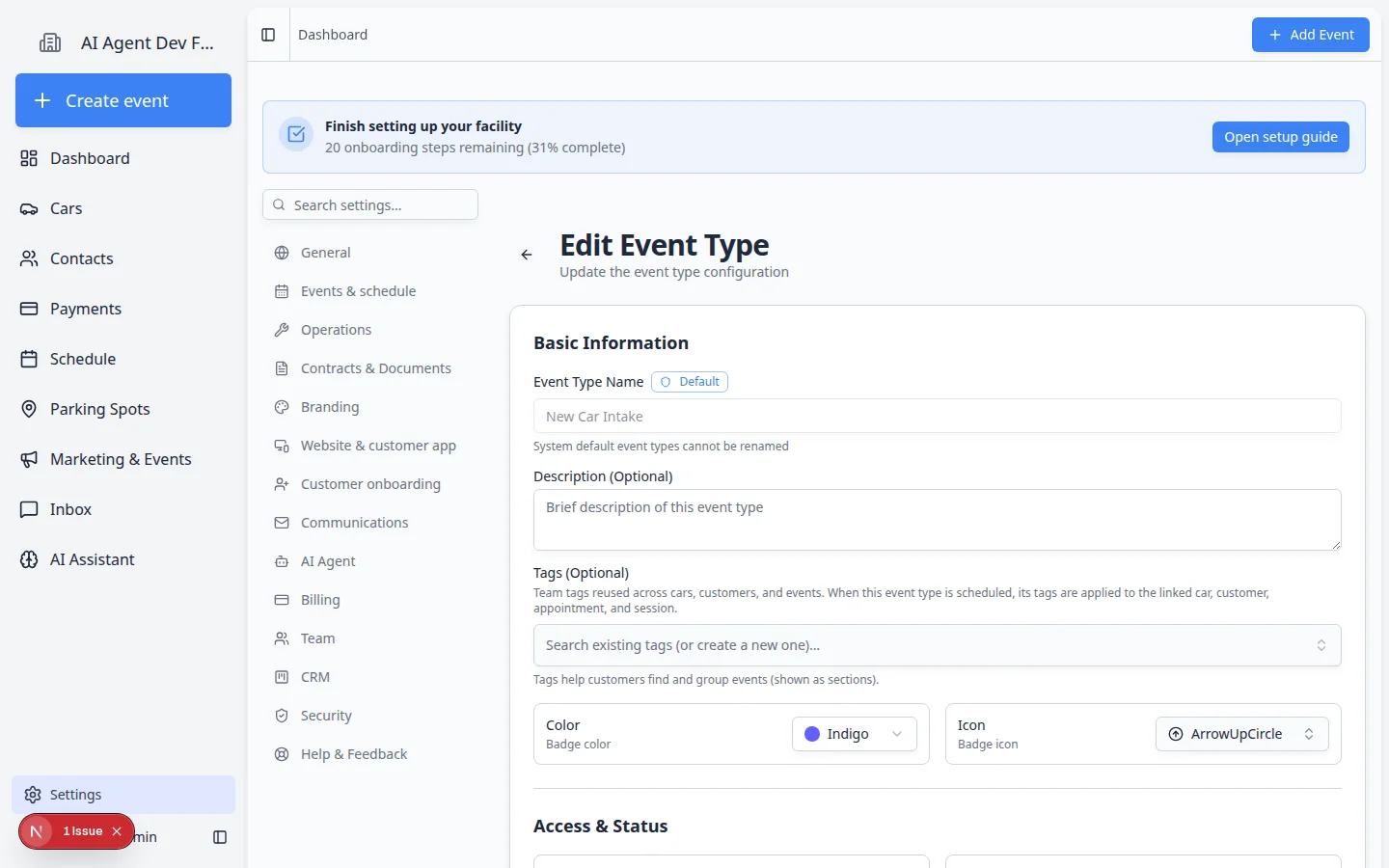 Edit Event Type page showing Who can see this Team, Customer, and Both choices plus Customers can book and Active toggles under Access and Status