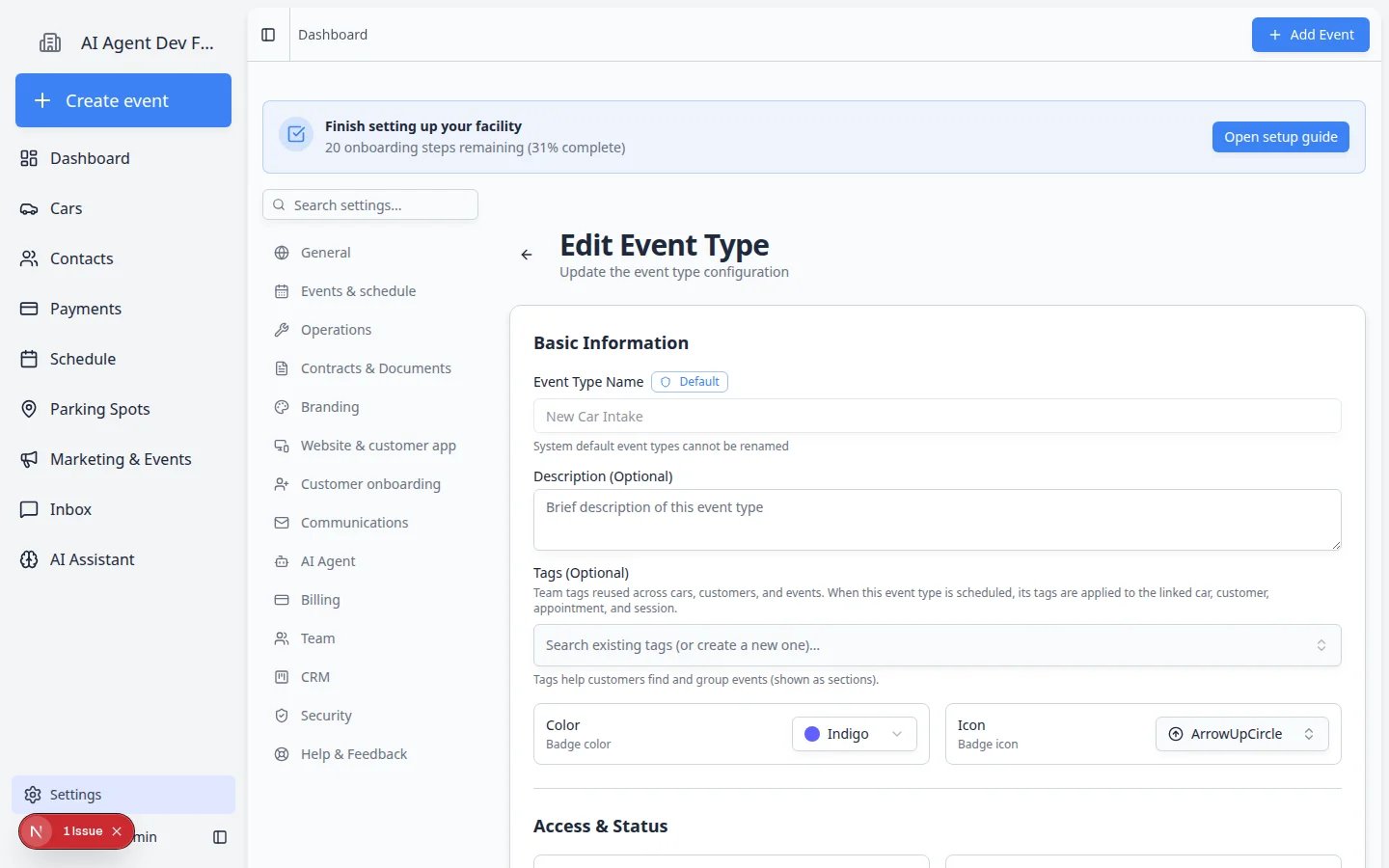 Edit Event Type page showing Who can see this Team, Customer, and Both choices plus Customers can book and Active toggles under Access and Status