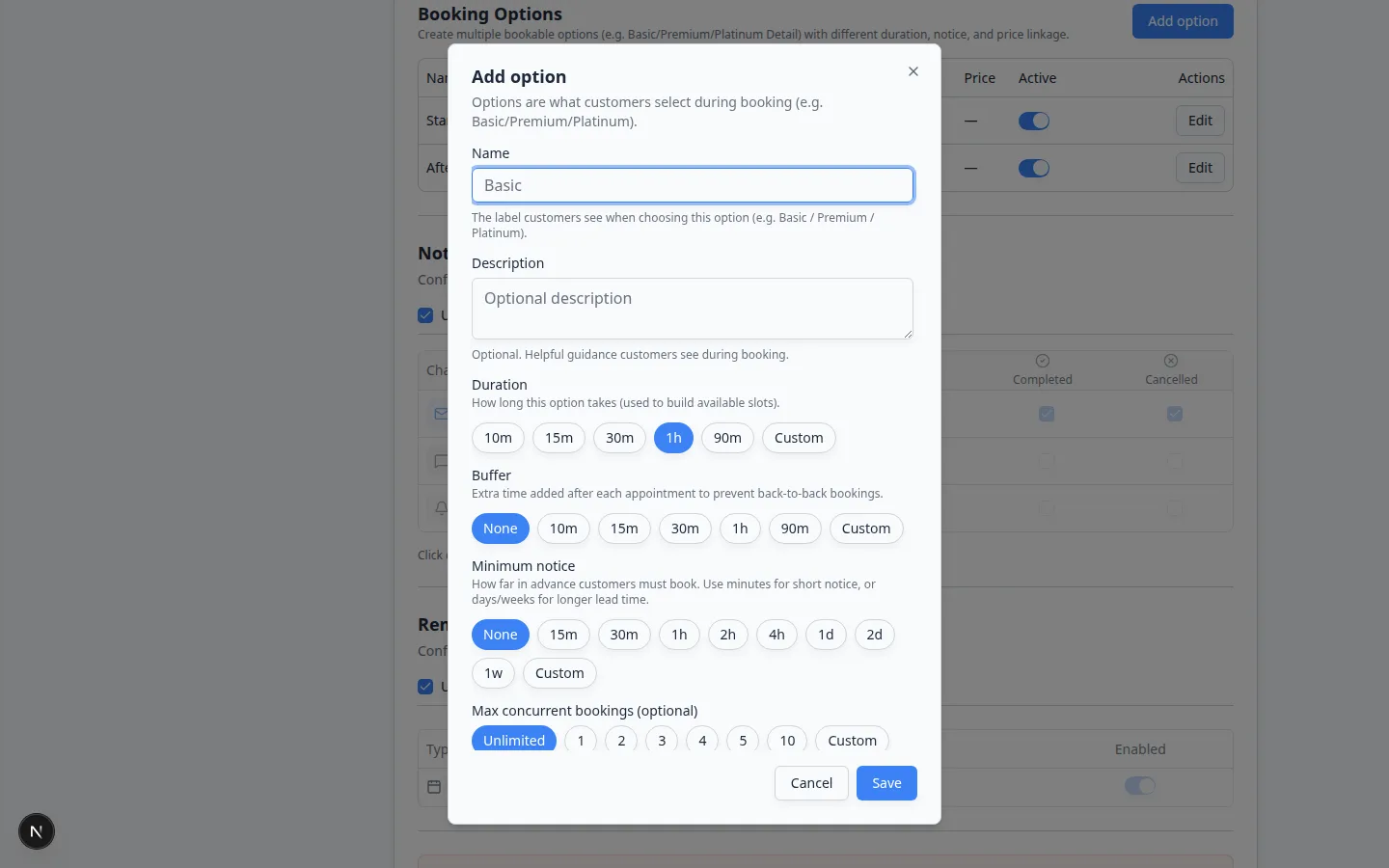 Add option window with Name, Description, Duration presets, Buffer, Minimum notice, and Max concurrent bookings