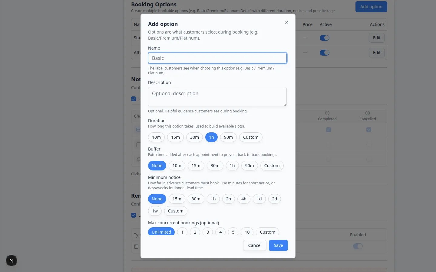 Add option window with Name, Description, Duration presets, Buffer, Minimum notice, and Max concurrent bookings