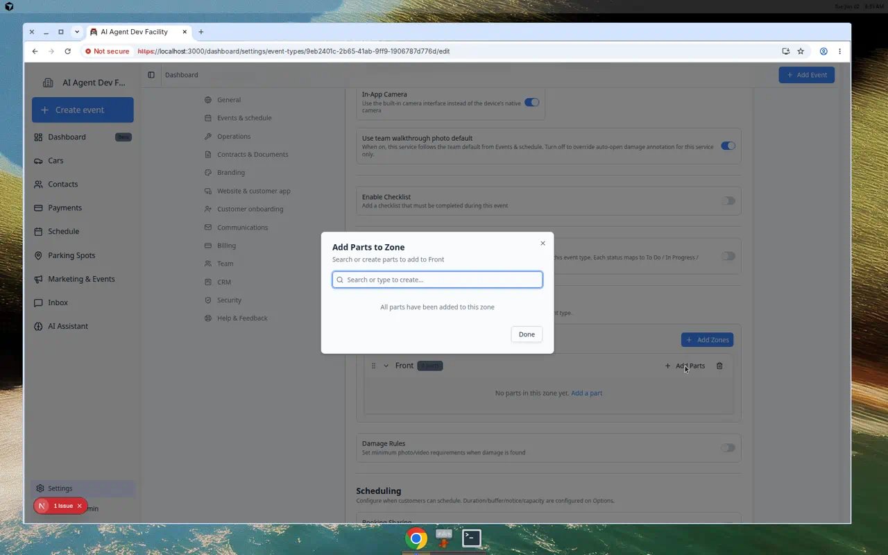 Add Parts to Zone dialog with search field and list of part names such as Hood and Bumper