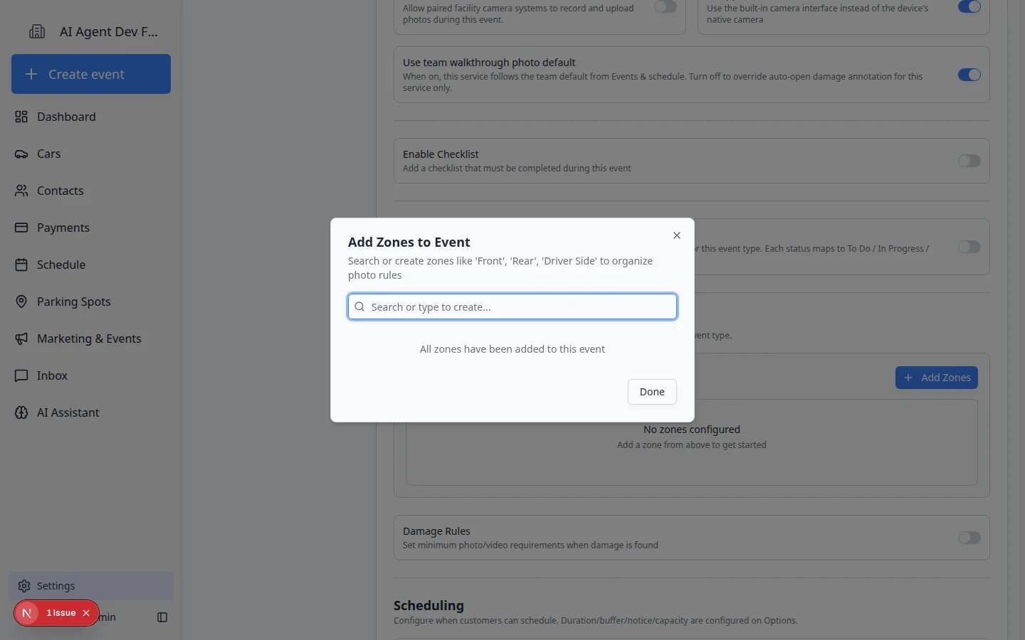 Add Zones to Event dialog with a search field and existing zone names