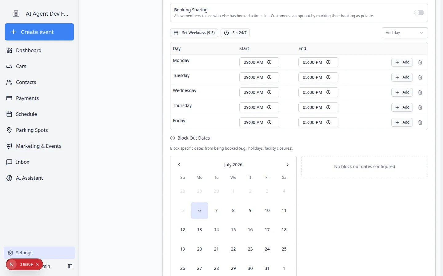 Event type Scheduling section showing Block Out Dates calendar, reason field, and Add Block Out Date button