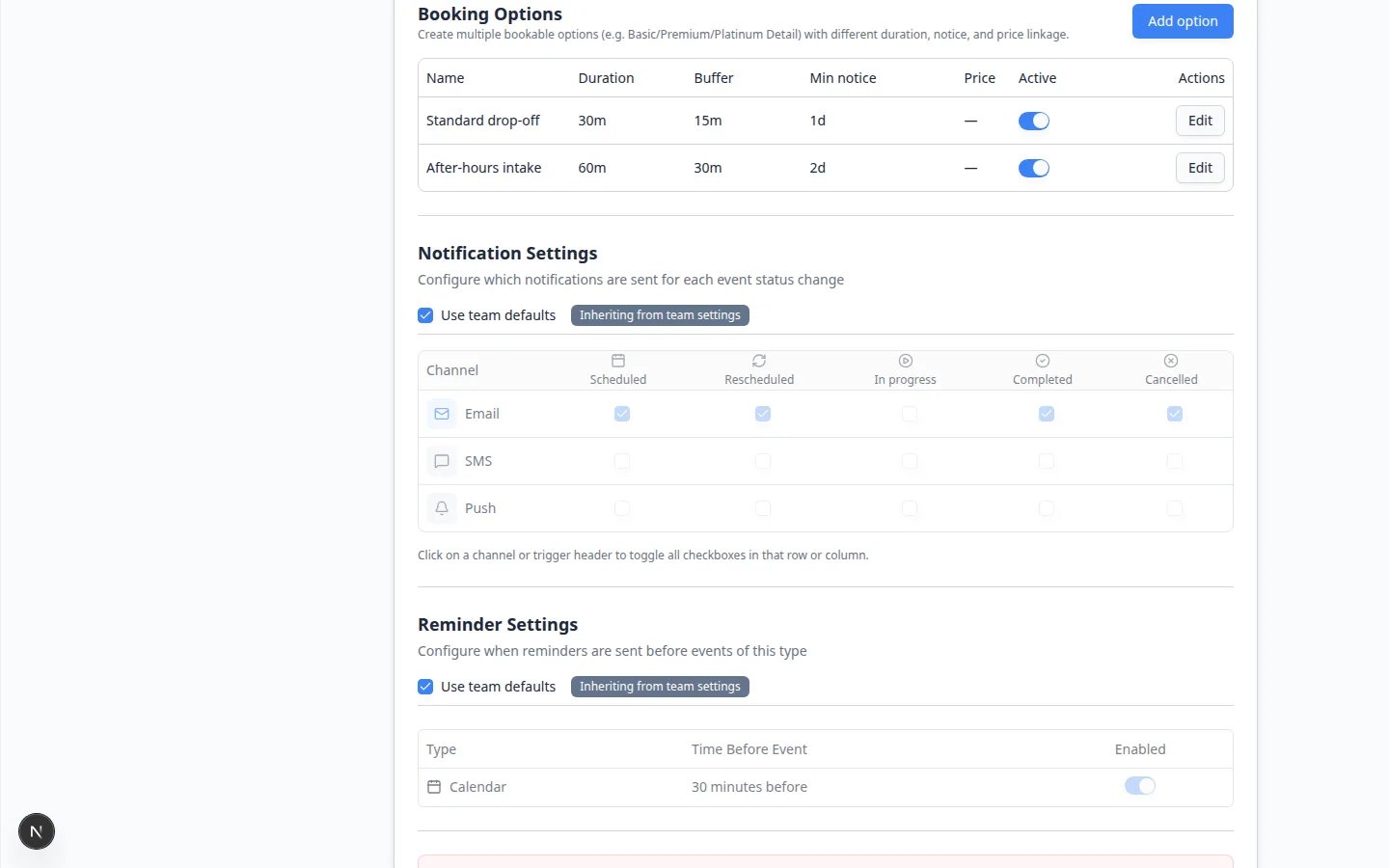 Booking Options table showing Standard drop-off and After-hours intake with duration, buffer, minimum notice, and Edit buttons