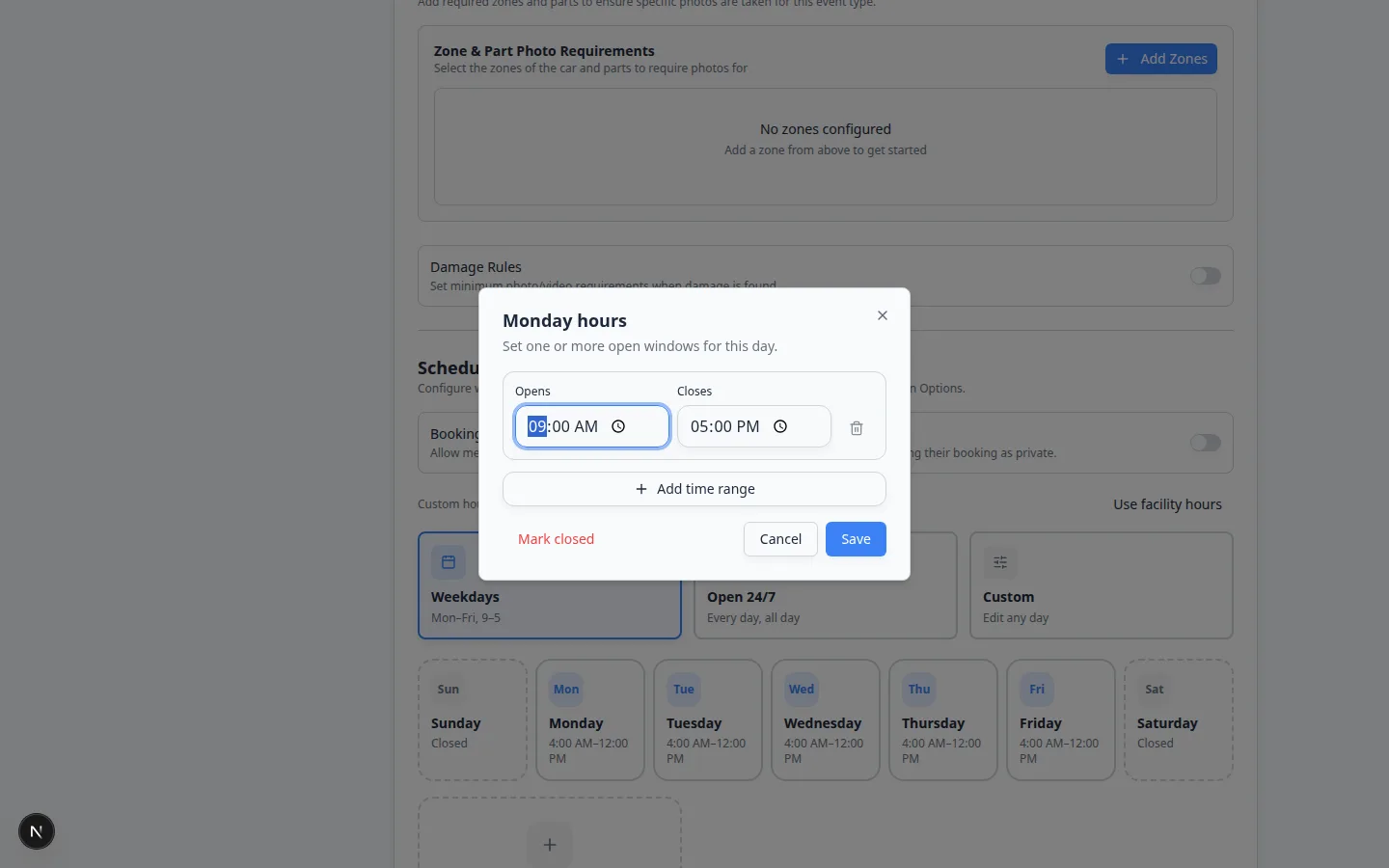 Monday hours dialog with Opens and Closes time fields, Add time range, Mark closed, Cancel, and Save