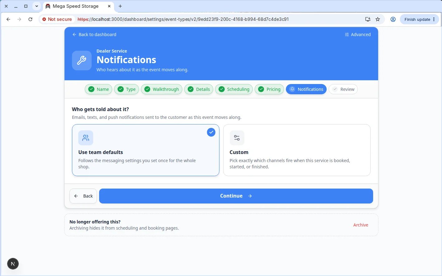 Edit Event Type page showing Notification Settings with Use team defaults and rows for scheduled, rescheduled, in progress, completed, and cancelled