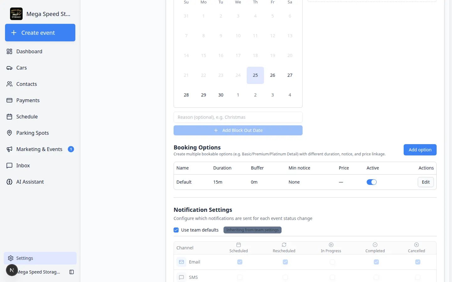 Edit Event Type page showing Reminder Settings with Use team defaults, reminder type, time before event, and enabled controls