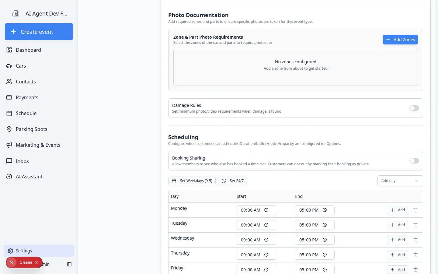 Edit Event Type page scrolled to Scheduling, showing available days and time ranges