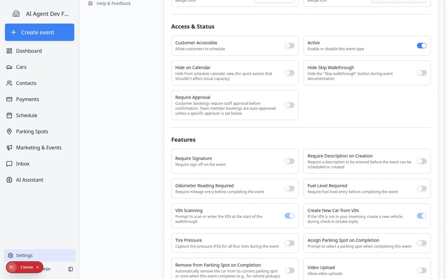 Edit Event Type page showing Access and Status toggles and Features section with workflow switches