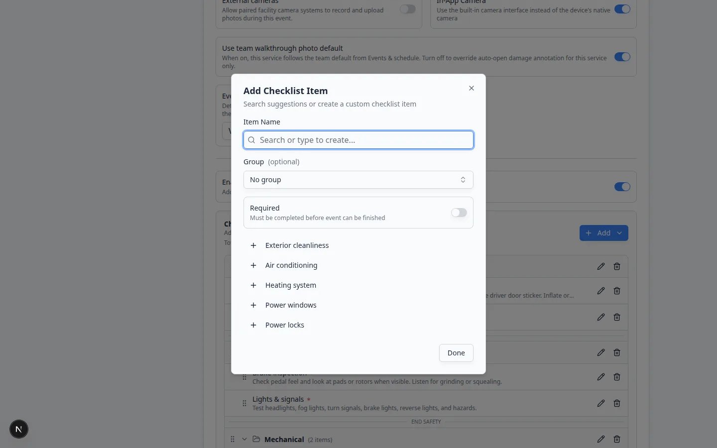 Add Checklist Item window with Item Name search, Group optional, Required switch, and suggested items