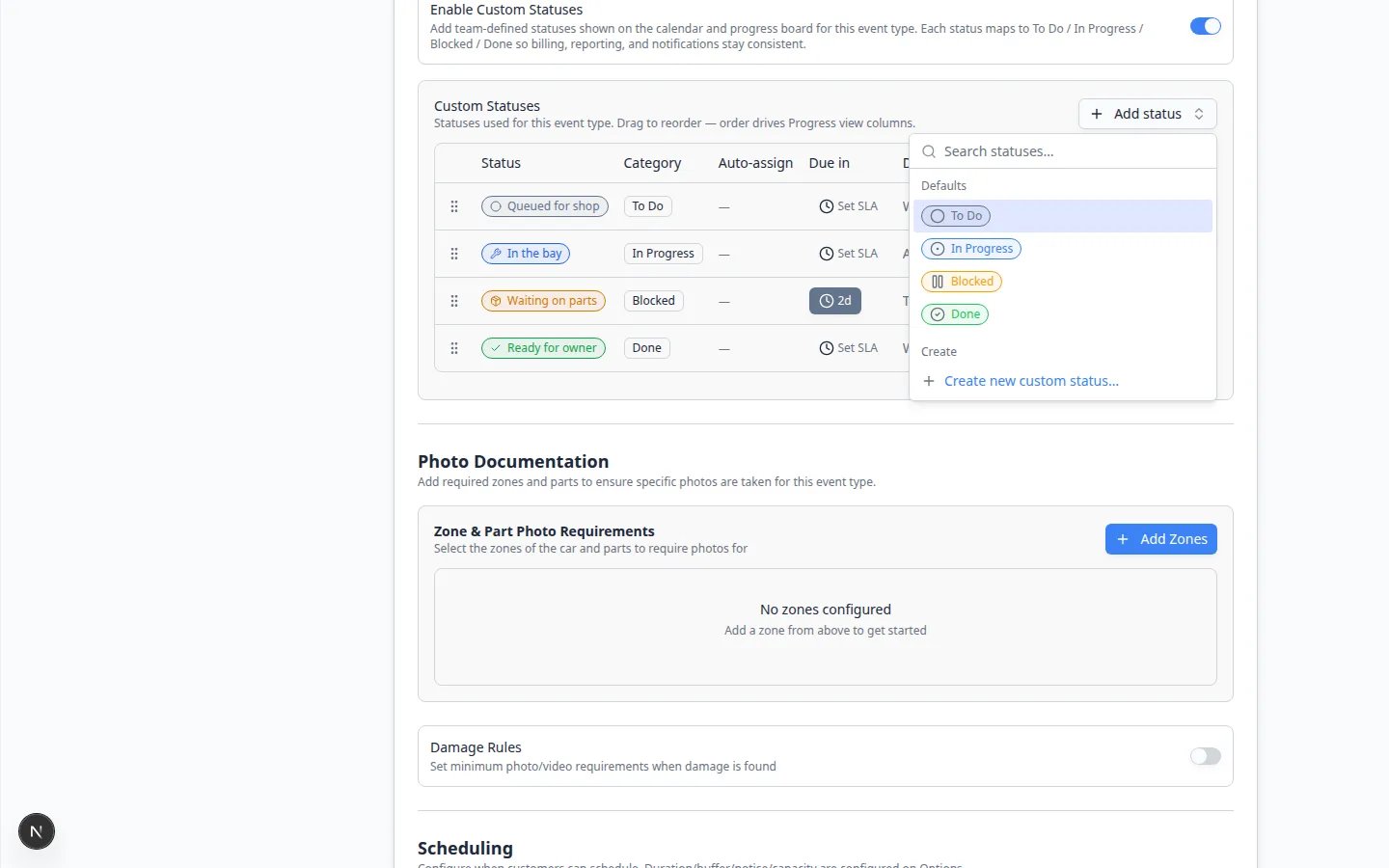 Add status search list showing Defaults To Do, In Progress, Blocked, Done, and Create new custom status