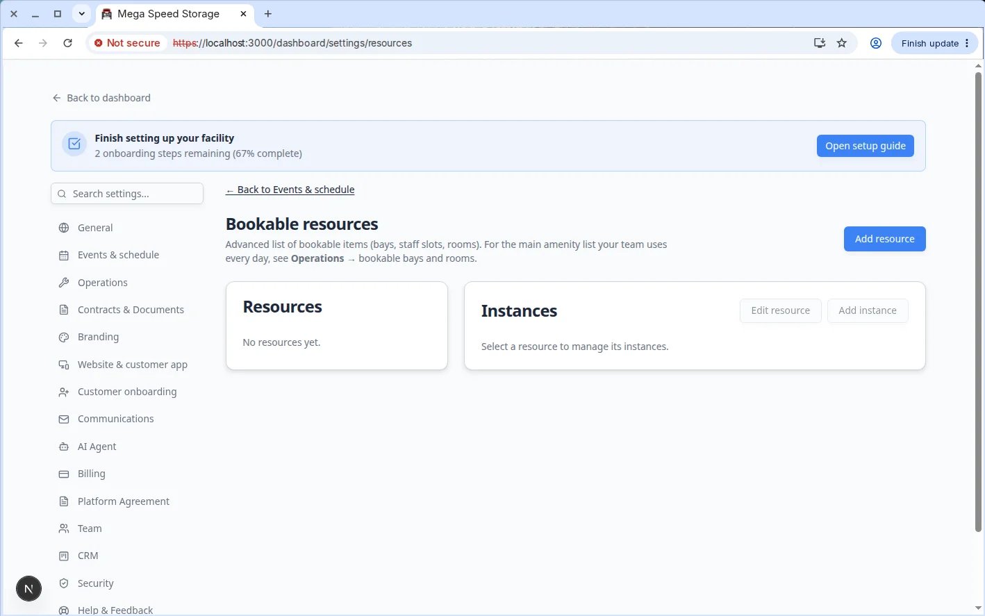 Bookable resources page showing resources on the left and instances on the right