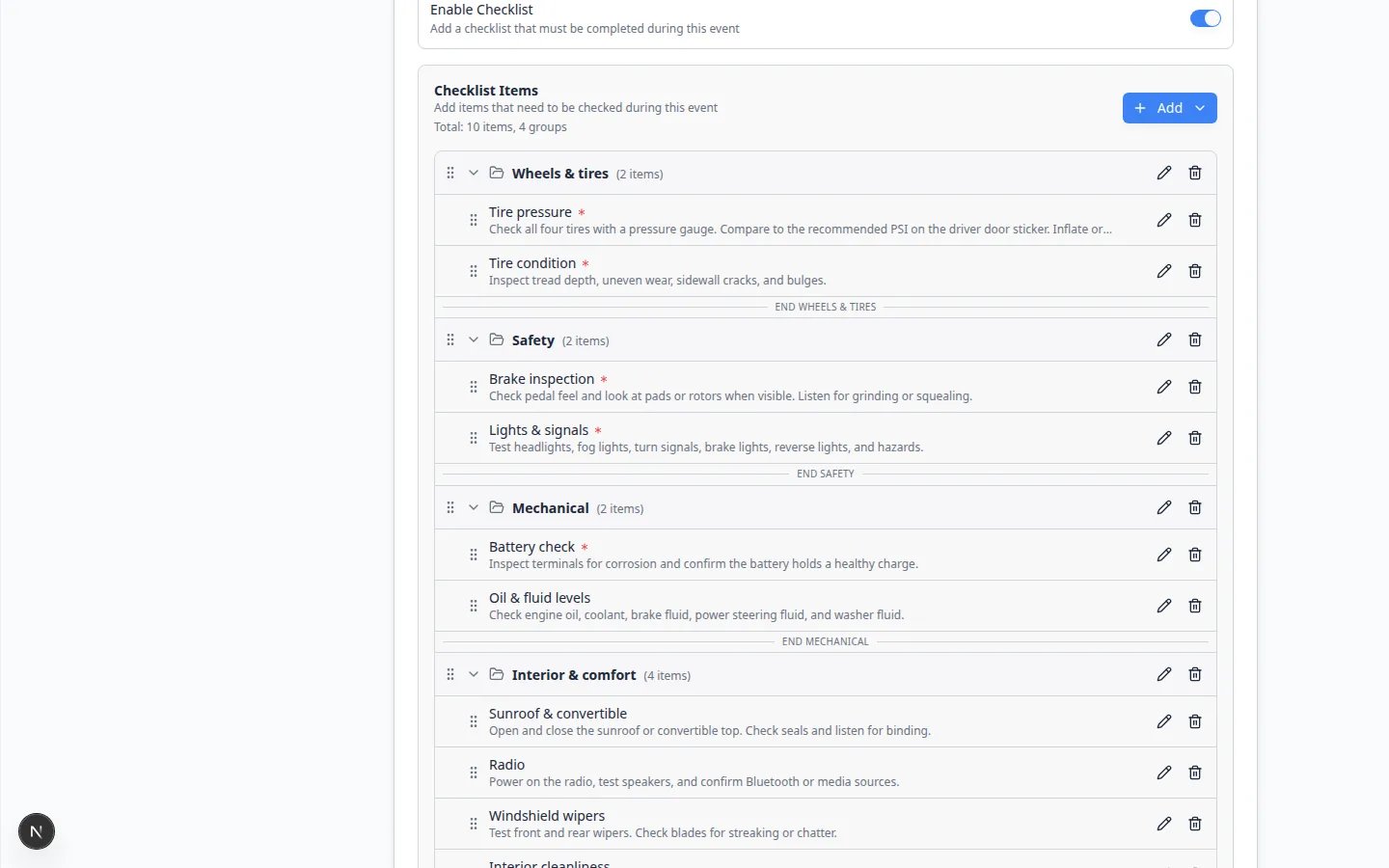 Edit Event Type page with Enable Checklist turned on and grouped checklist items for Wheels and tires, Safety, and Mechanical