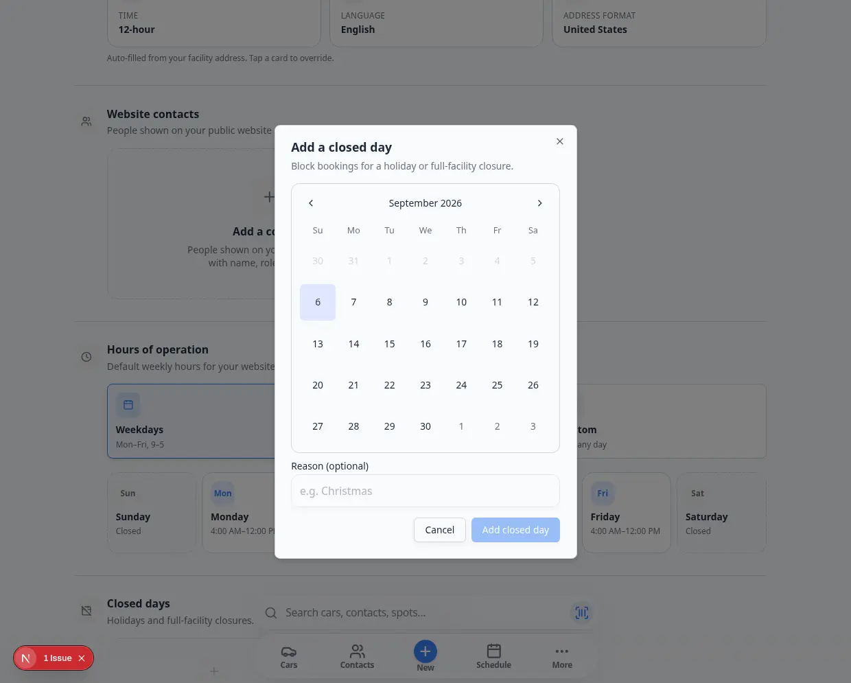 Add a closed day dialog showing a calendar for September 2026 and a Reason optional text field