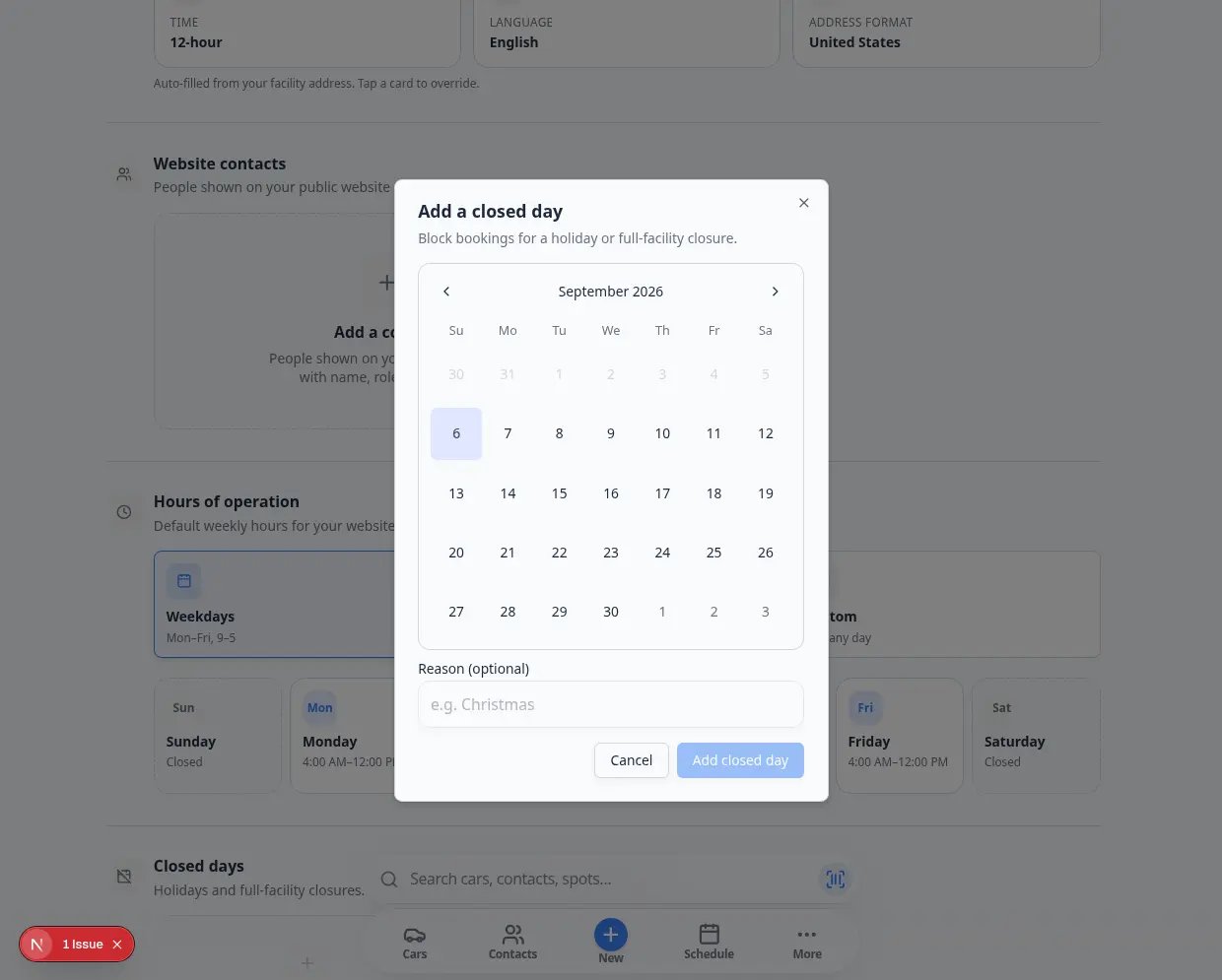 Add a closed day dialog showing a calendar for September 2026 and a Reason optional text field