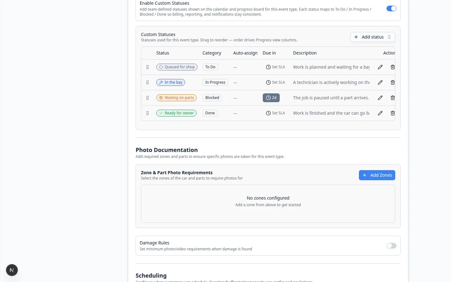 Enable Custom Statuses turned on with a table of Queued for shop, In the bay, Waiting on parts, and Ready for owner