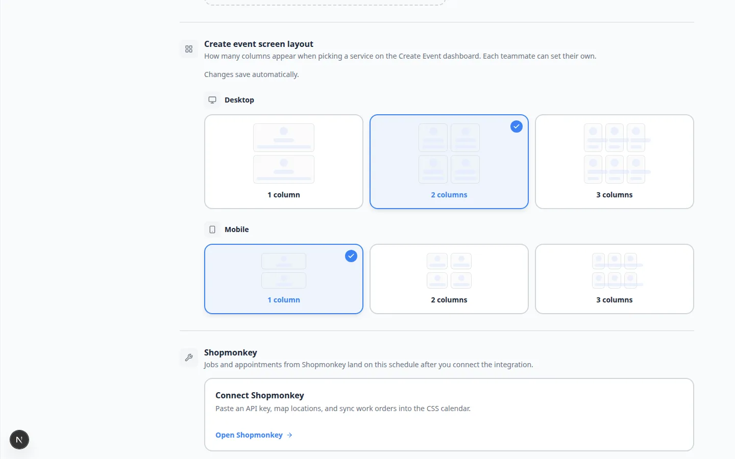 Create event screen layout settings scrolled to Mobile section with column picker options