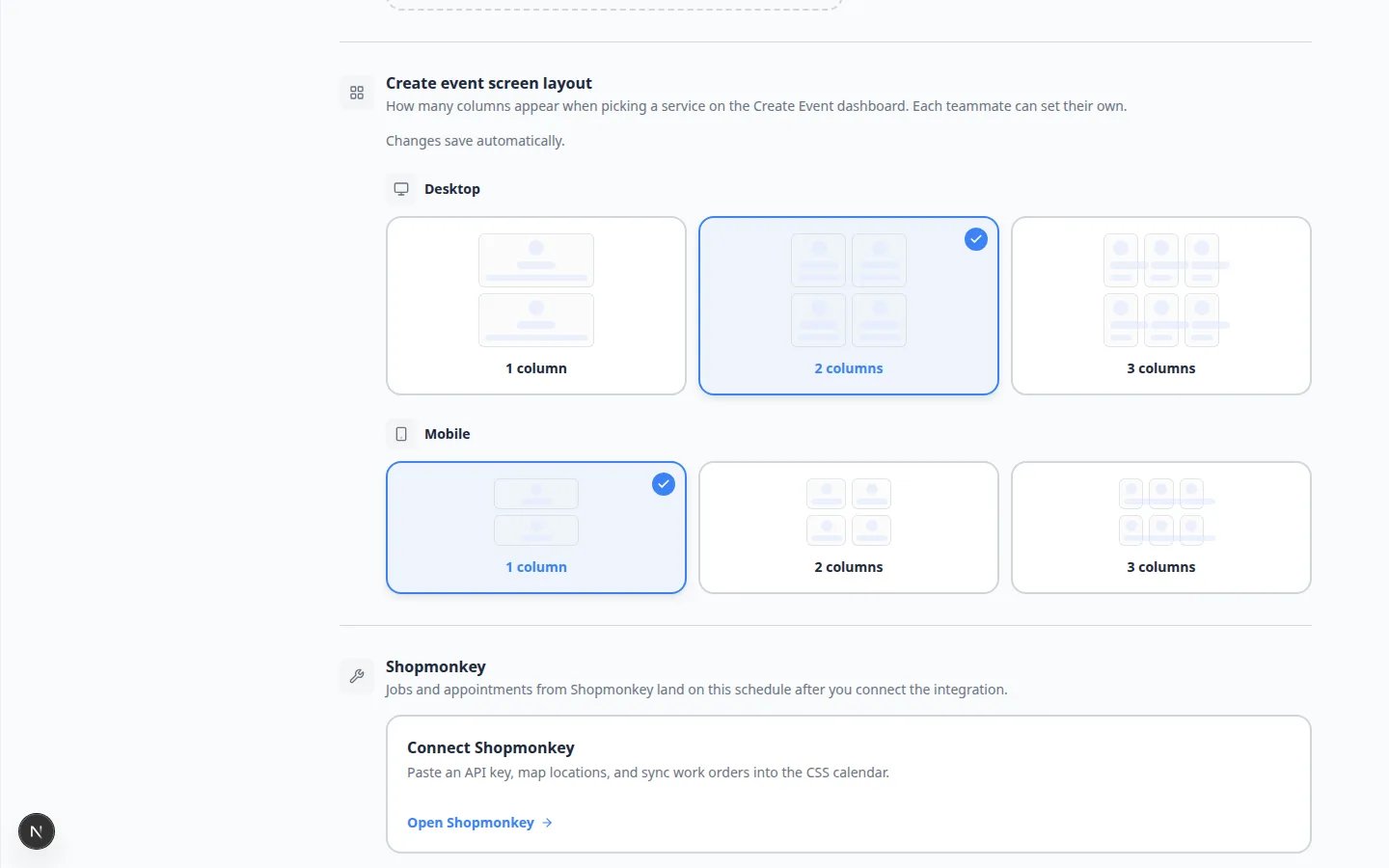 Create event screen layout settings scrolled to Mobile section with column picker options