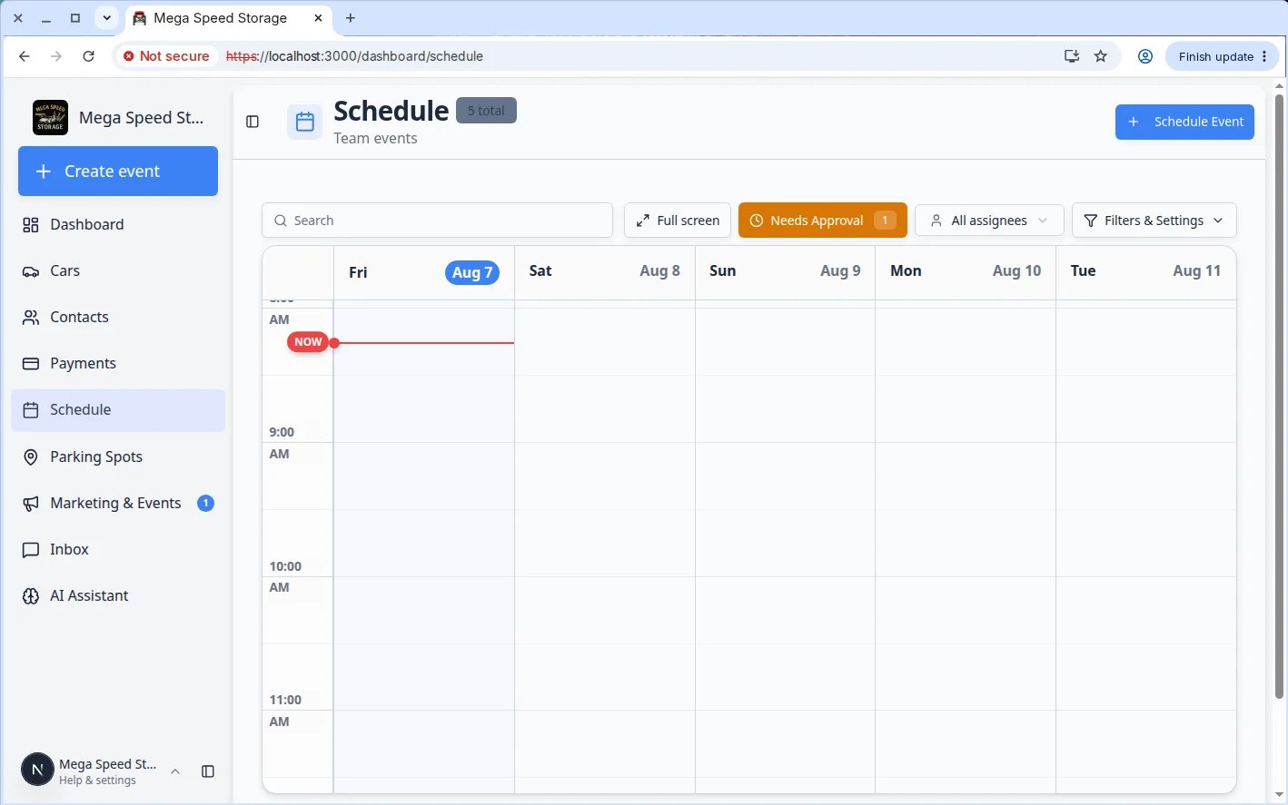 Schedule page with Needs approval filter showing pending customer booking requests
