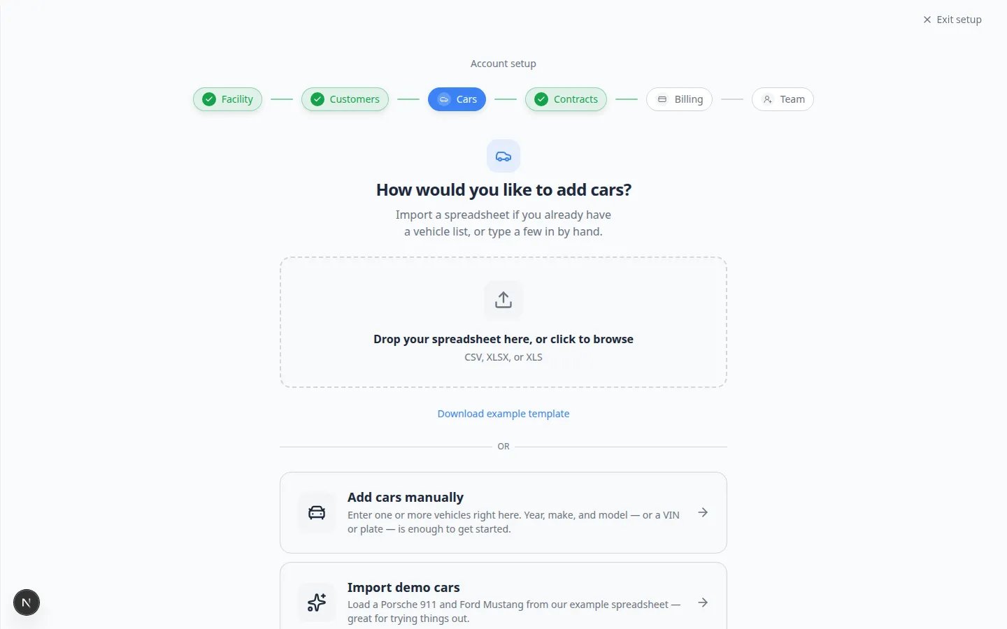 Onboarding wizard Cars step showing vehicle import and manual add options