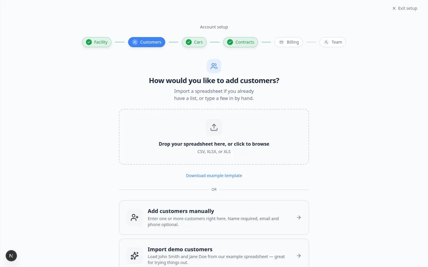 Onboarding wizard Customers step showing spreadsheet upload and manual customer entry options