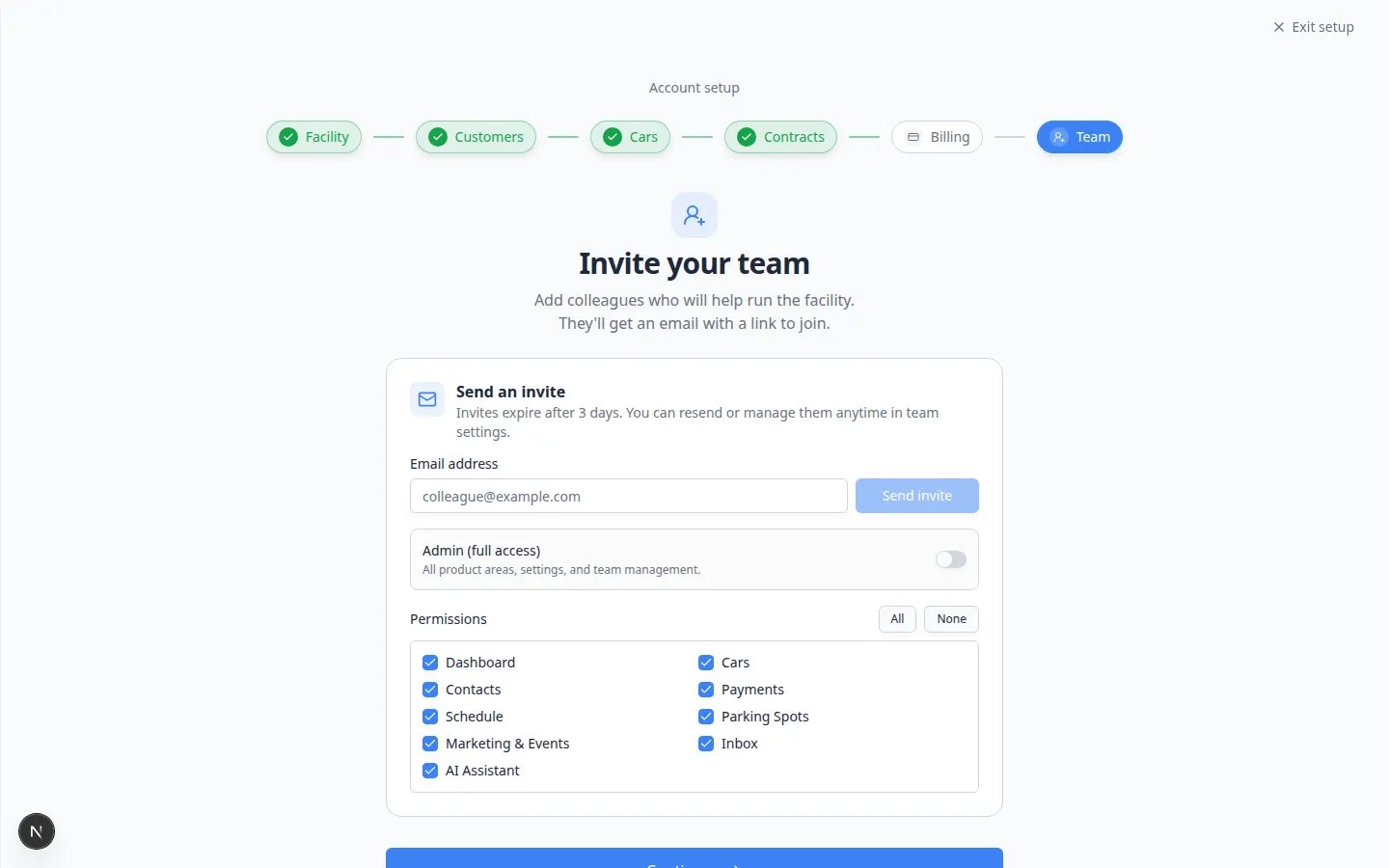 Onboarding wizard Team step showing email invite form and pending invites list