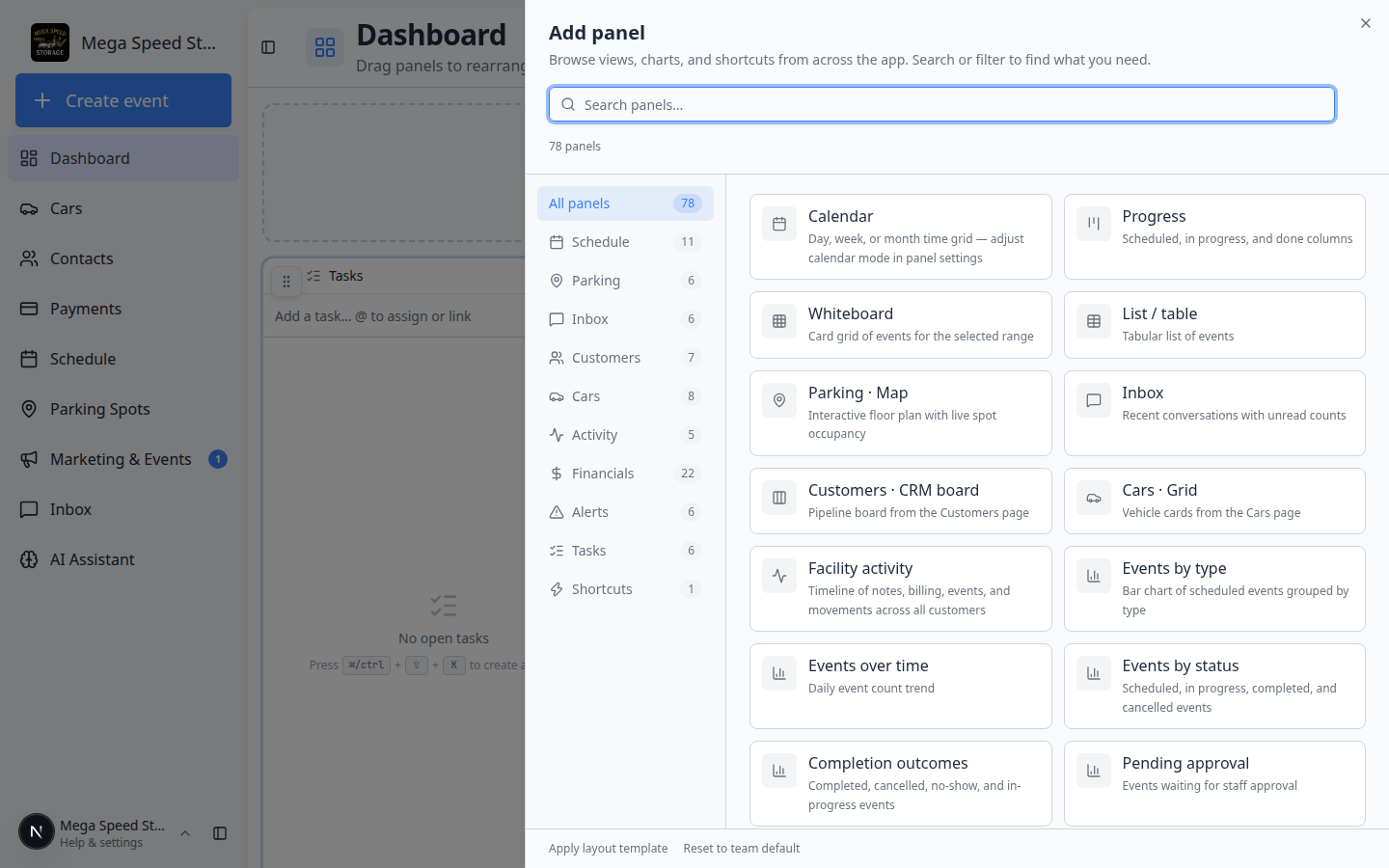 Add panel dialog listing schedule, cars, parking, charts, and shortcut options