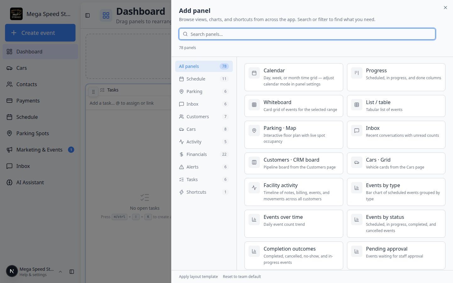 Add panel dialog listing schedule, cars, parking, charts, and shortcut options