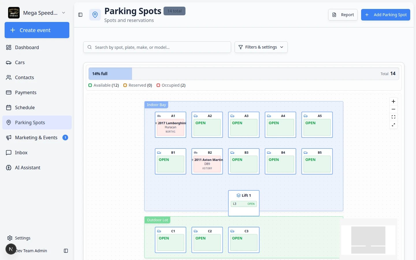 Parking Spots page showing facility floor plan or parking layout with assigned vehicles