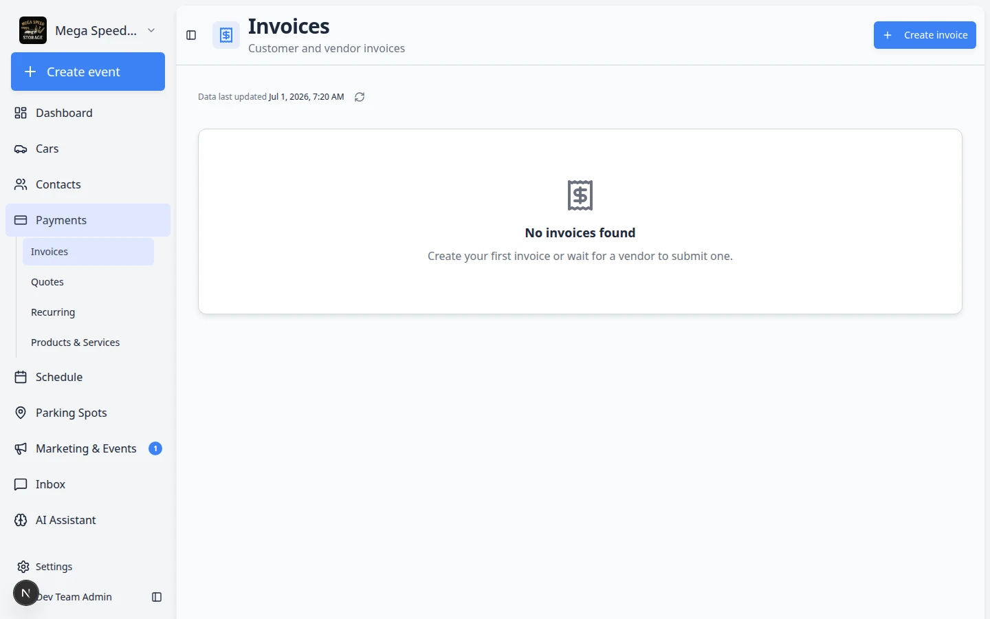 Payments invoices page showing invoice list with status filters and create controls