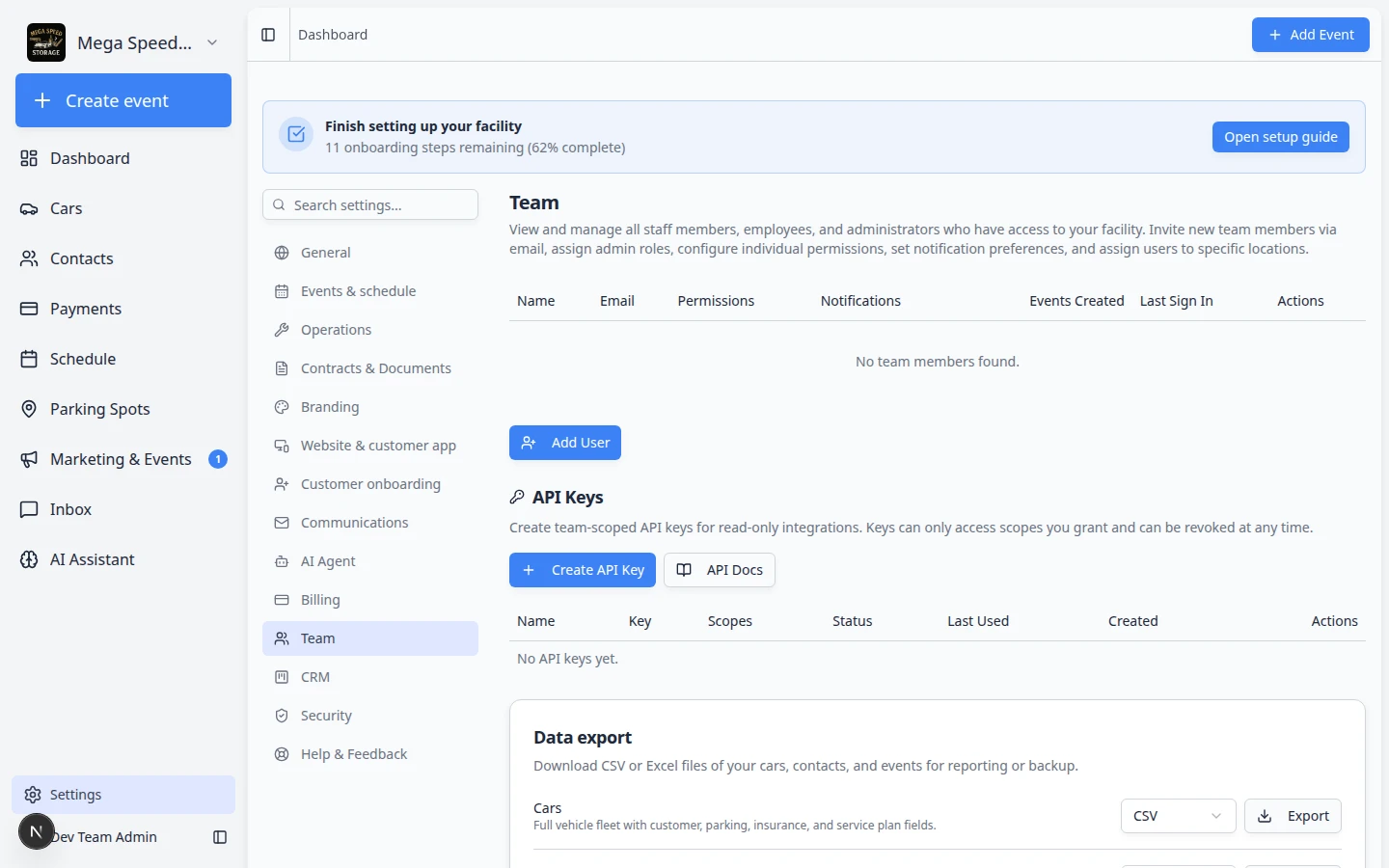 Settings Team page showing team members and role options