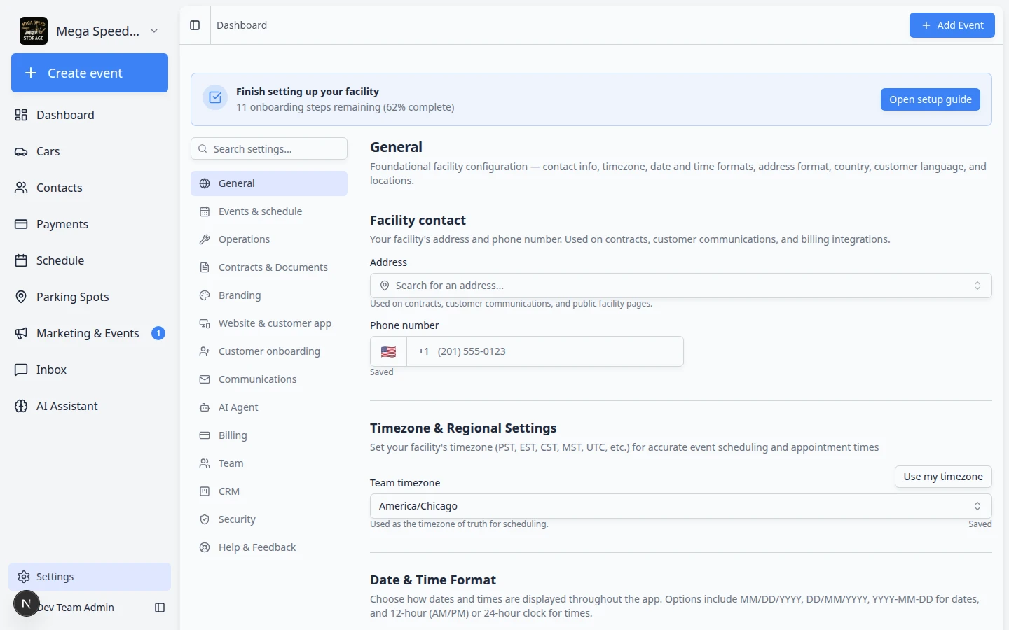Settings page showing a menu of facility configuration areas such as Branding, General, Team, Billing, and Communications