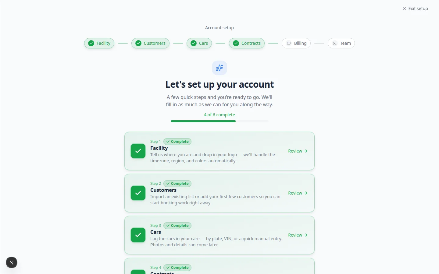 Setup Guide Setup Progress card showing percentage complete and a circular refresh icon button