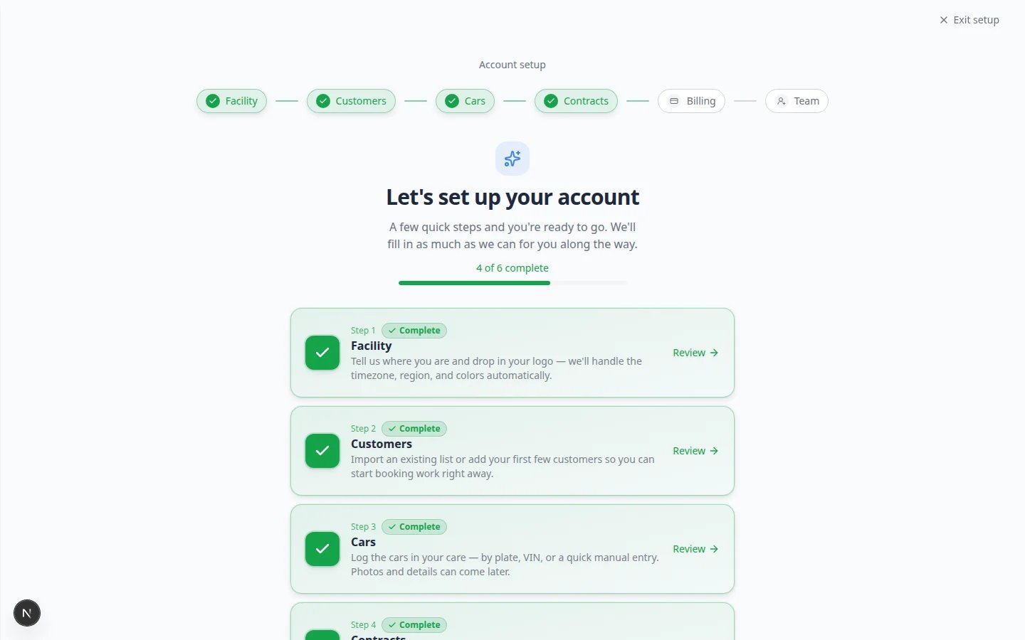 Setup Guide Setup Progress card showing percentage complete and a circular refresh icon button