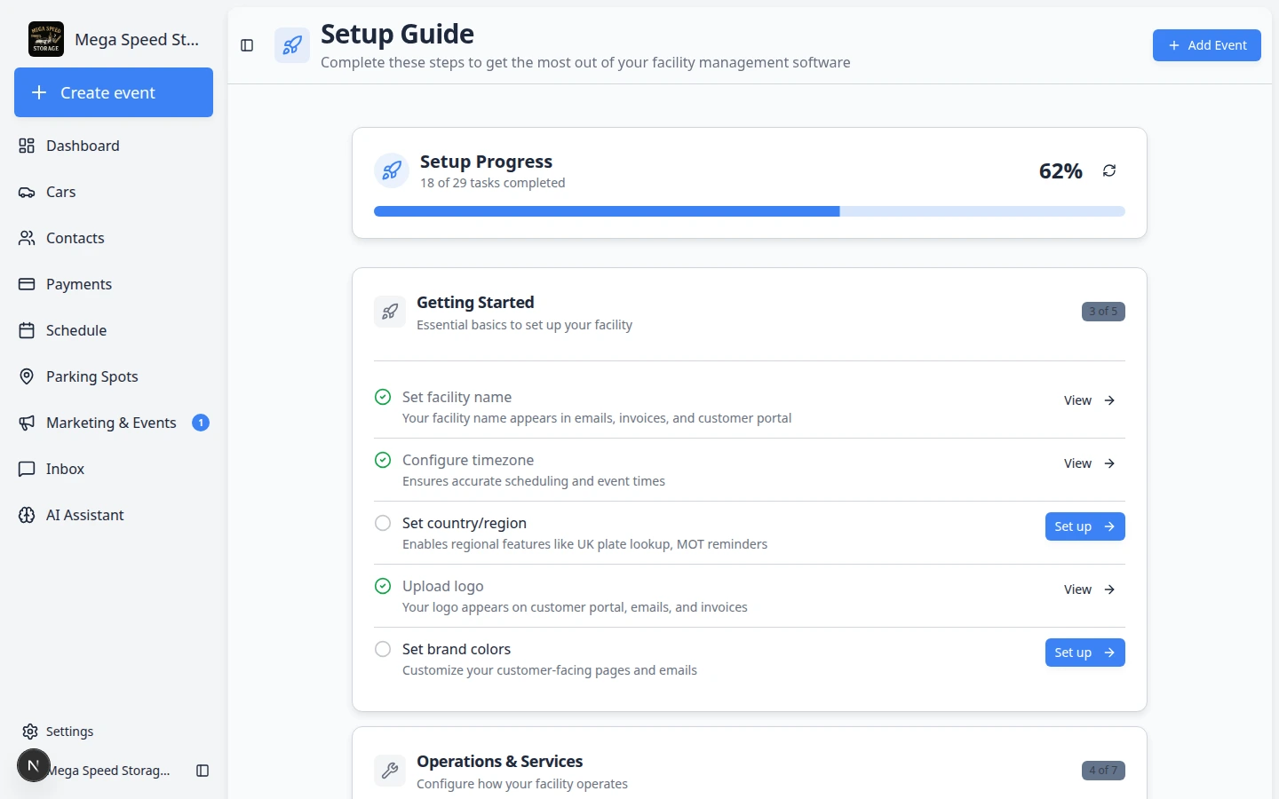 Setup Guide checklist page showing Setup Progress percentage and grouped sections with Set up buttons