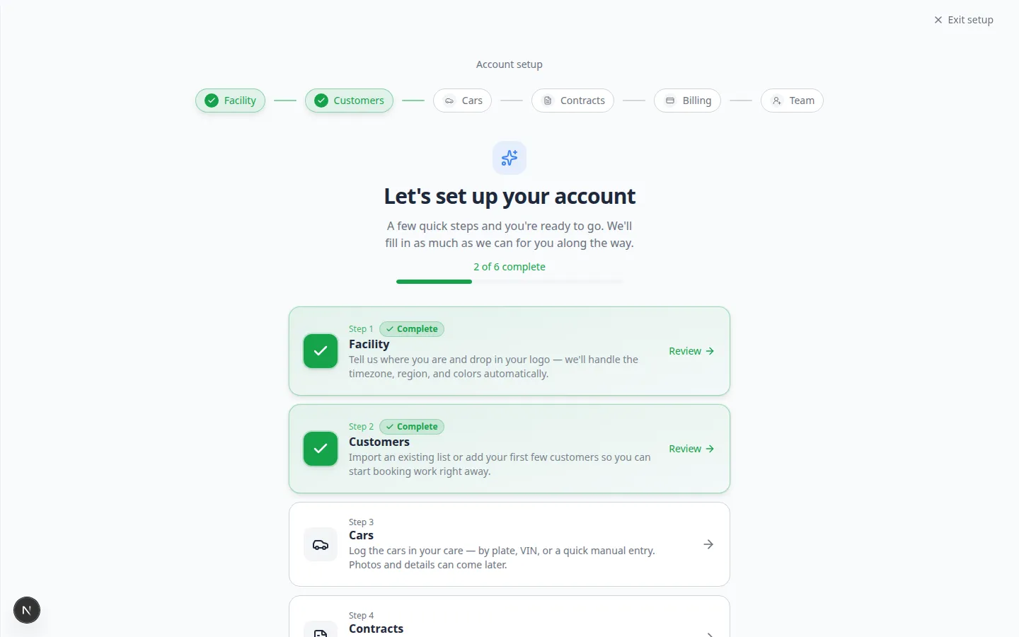 Setup Guide page titled Let's set up your account with six step cards for Facility, Customers, Cars, Contracts, Billing, and Team