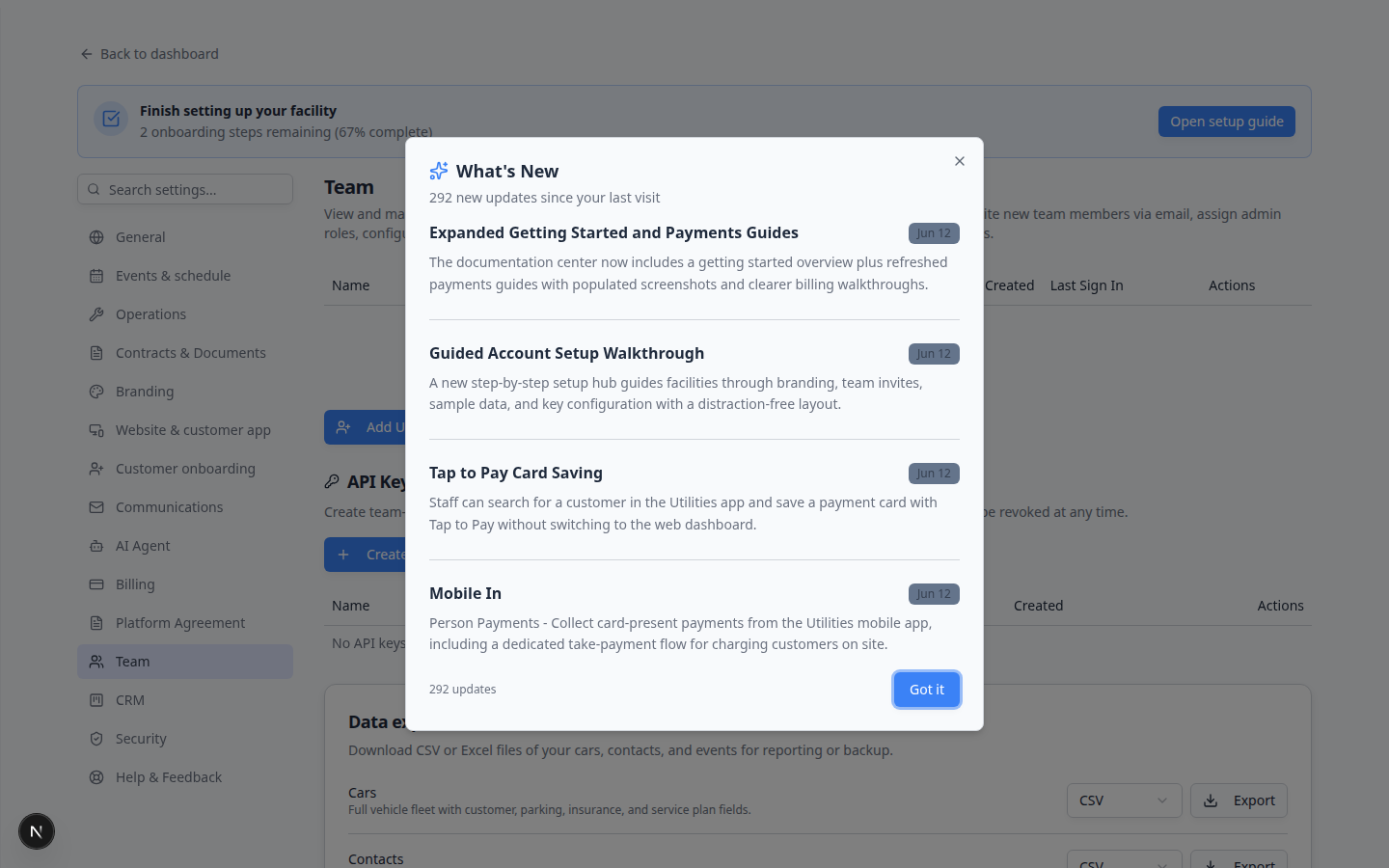 Settings Team page showing Default dashboard layout section with widget grid preview