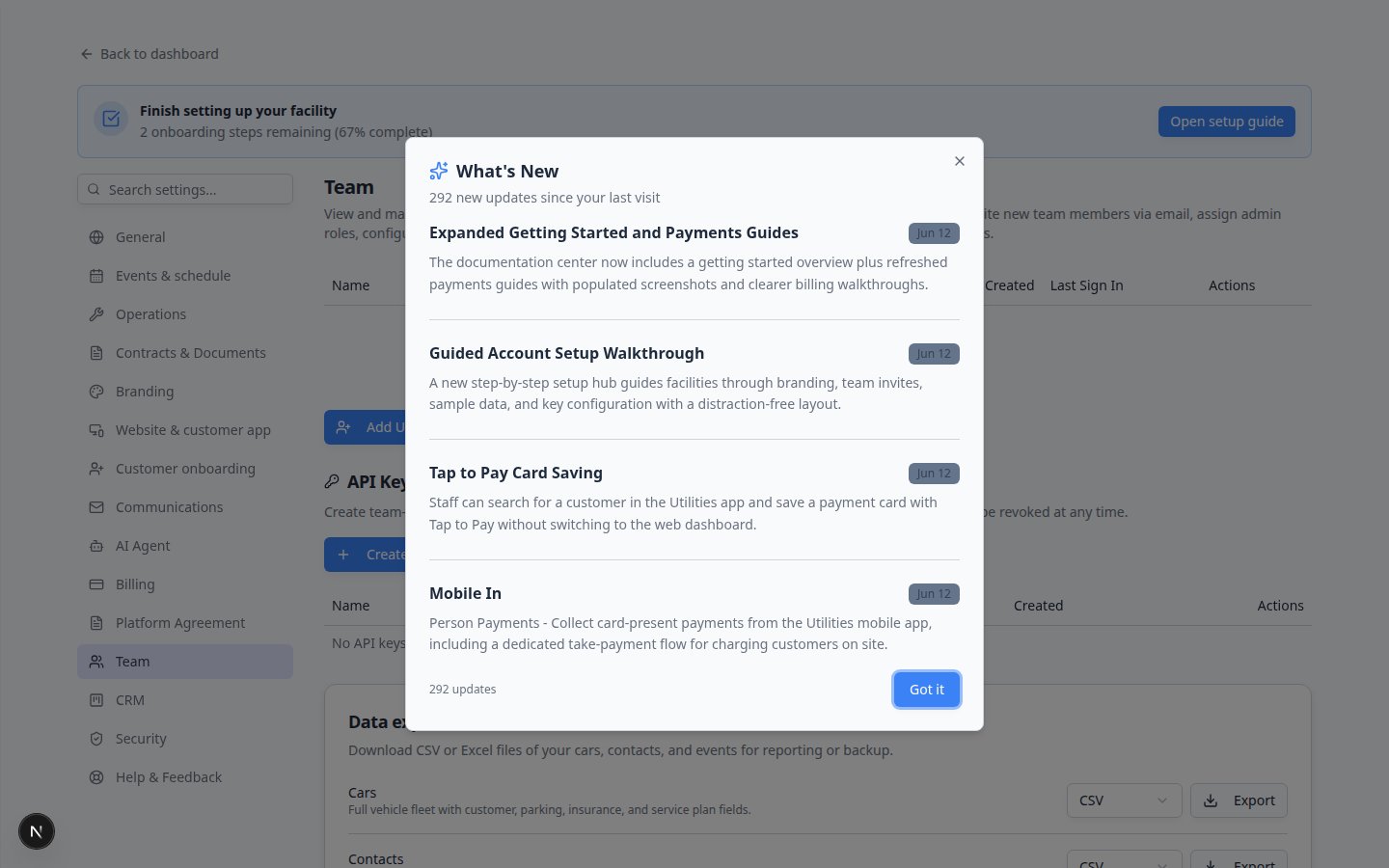 Settings Team page showing Default dashboard layout section with widget grid preview