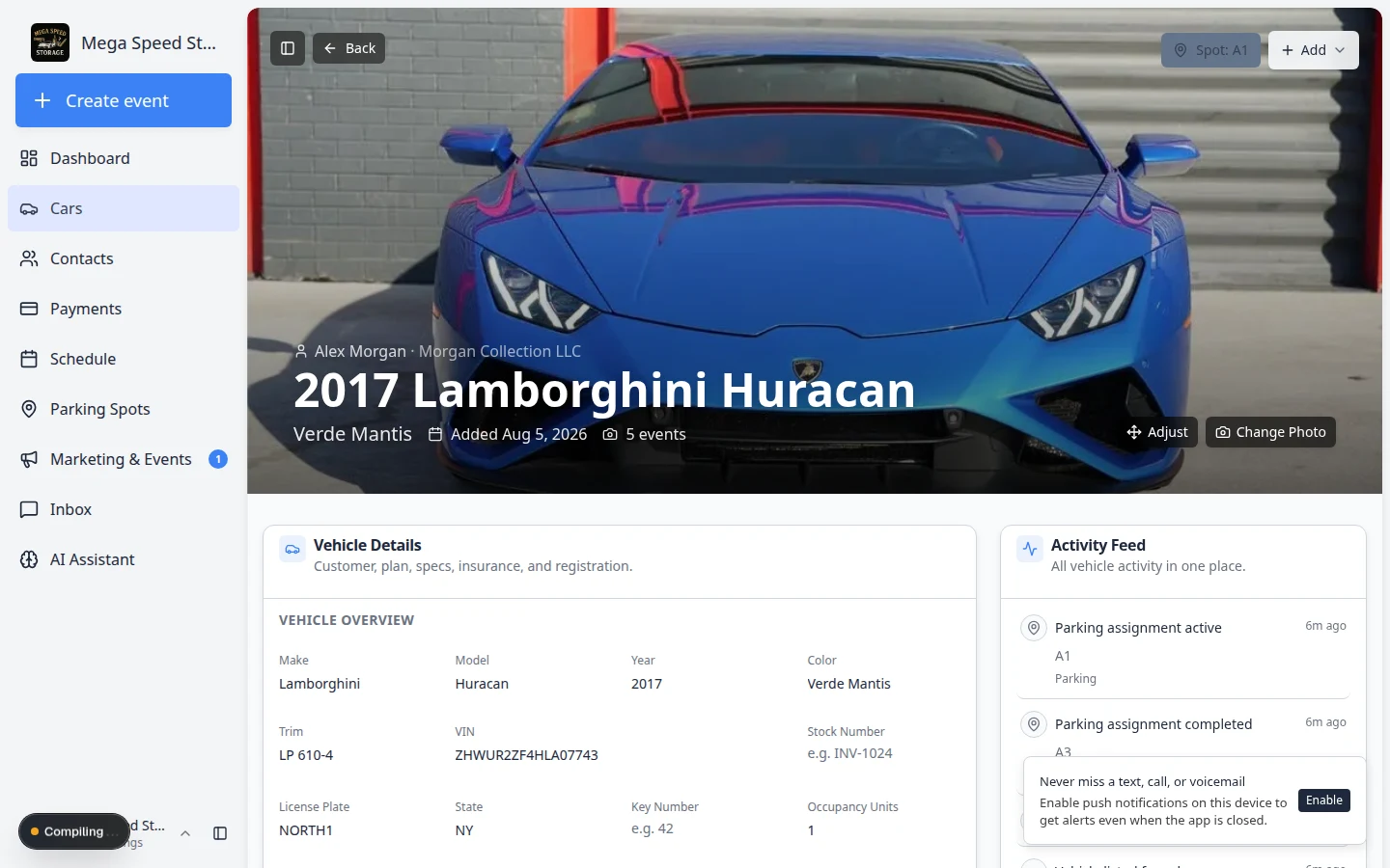 Car detail page showing Activity Feed with event rows and Notes section below