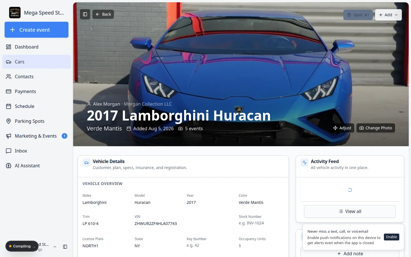 Vehicle Details section showing fields for make, model, year, color, VIN, plate, customer, and service plans