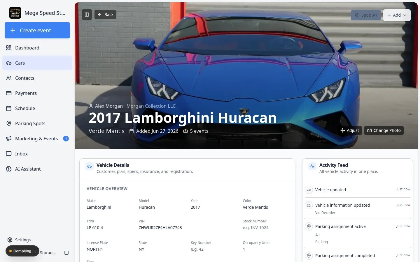 Session detail page for a vehicle event showing workflow progress and options to continue the walkthrough