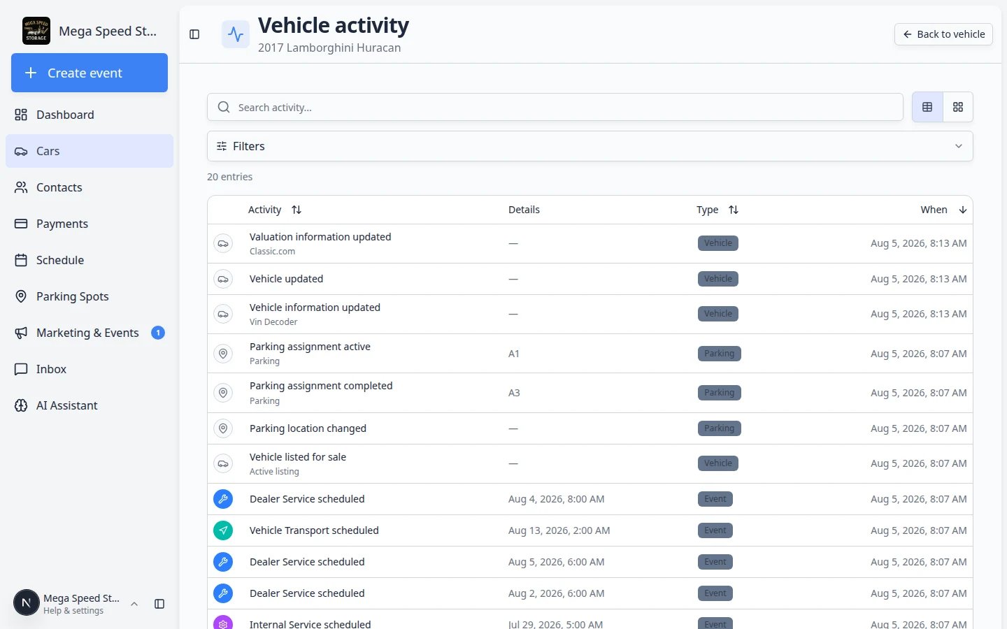 Vehicle activity page showing searchable full history for one car with Back to vehicle button