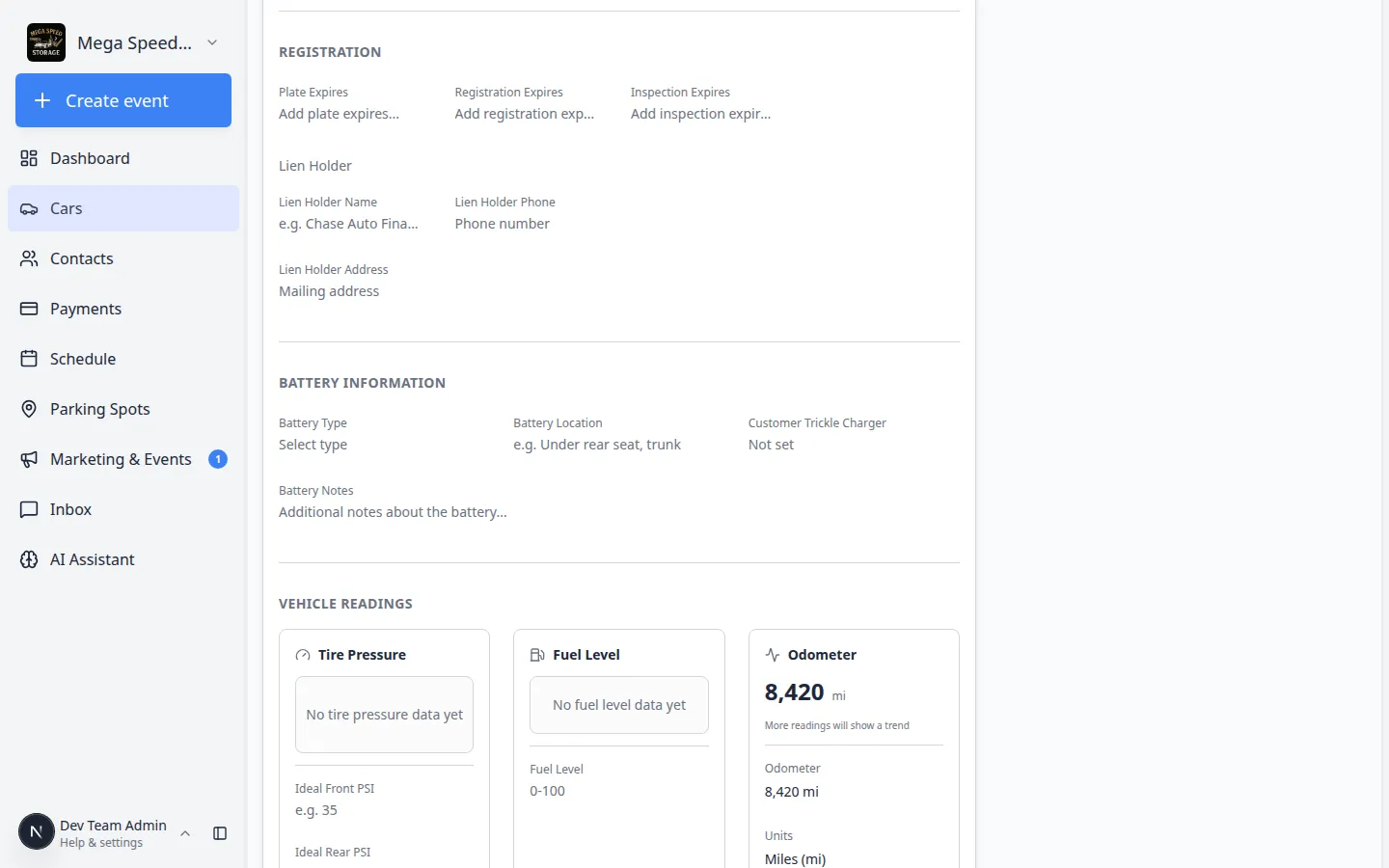 Vehicle activity page with search text entered and a shortened list of matching events and changes