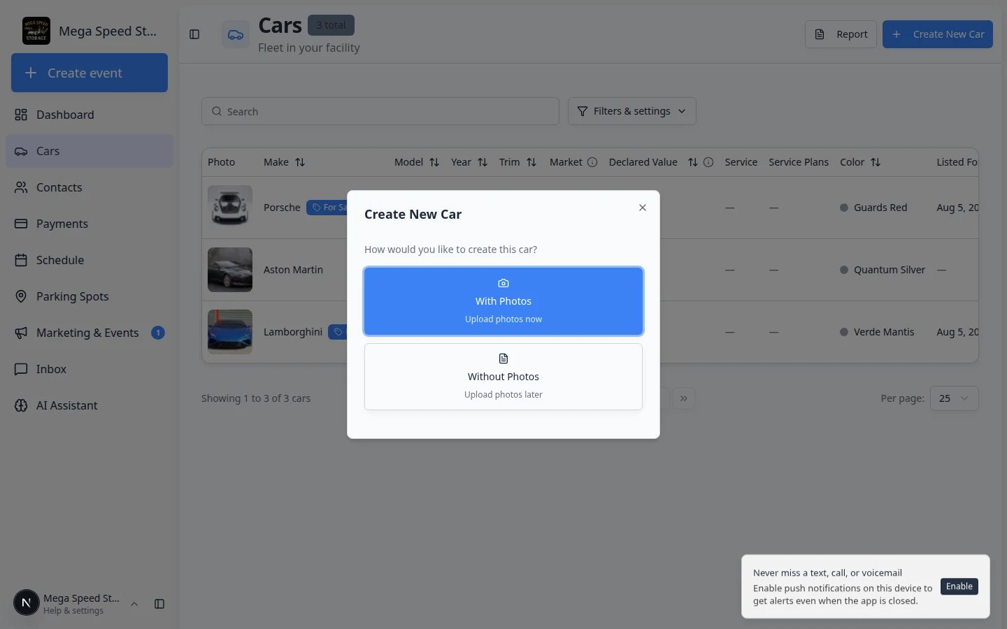 Create Car dialog showing VIN with Autofill Info, Stock Number, Make, Model, and Year fields
