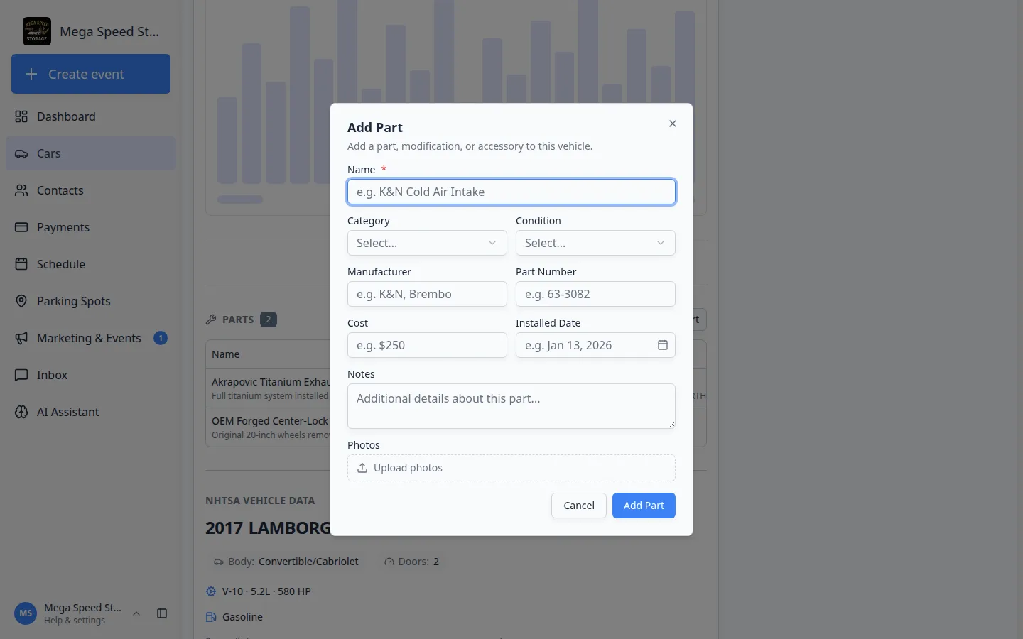 Add Part dialog showing Name, Category, Condition, Manufacturer, Part Number, Cost, Installed Date, Notes, and Upload photos