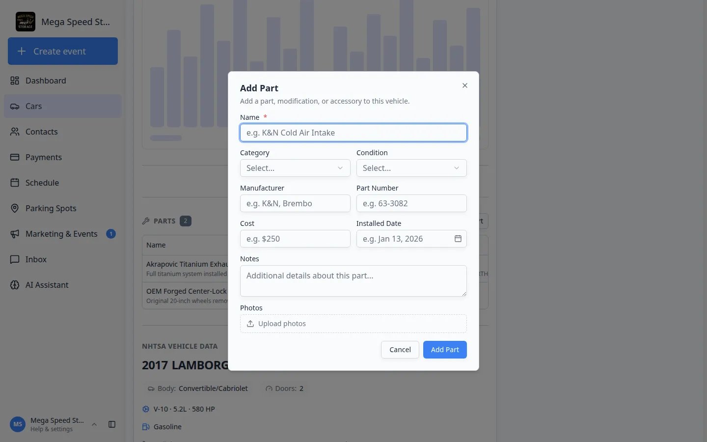 Add Part dialog showing Name, Category, Condition, Manufacturer, Part Number, Cost, Installed Date, Notes, and Upload photos