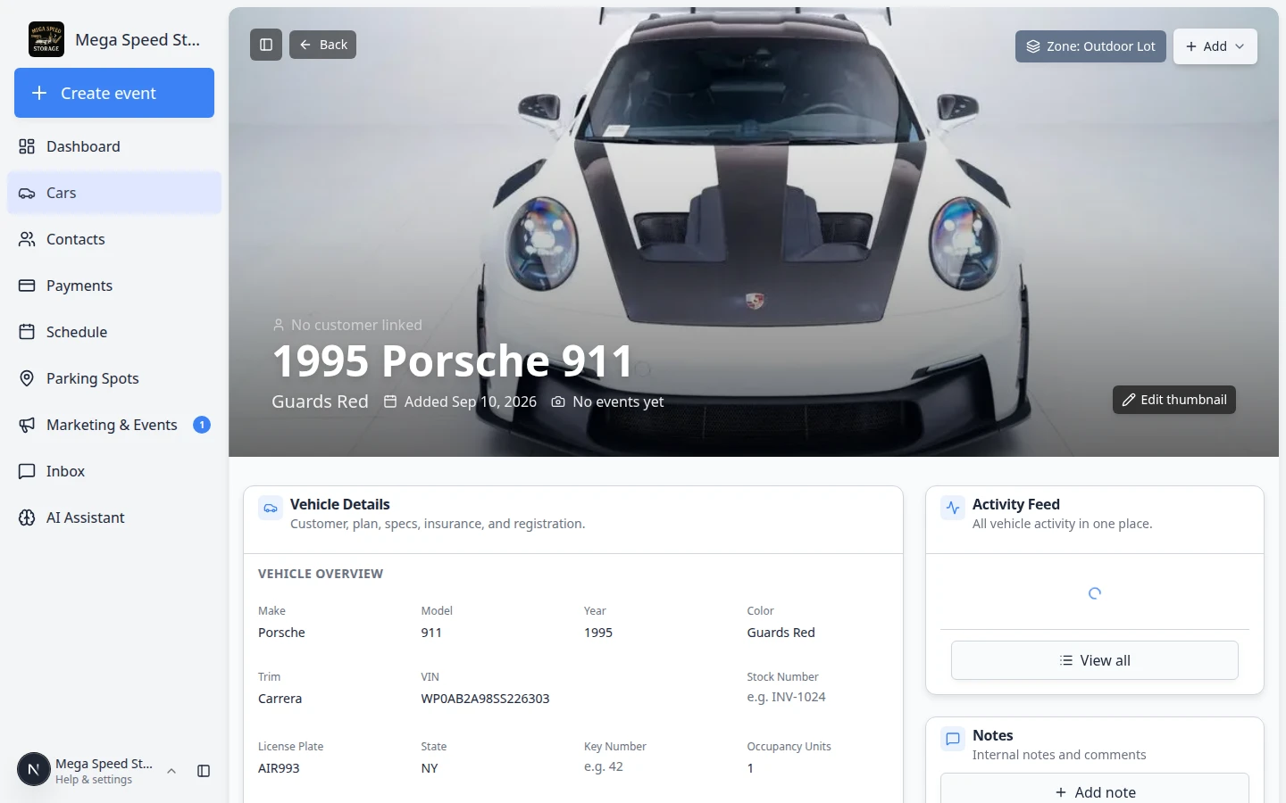 Danger Zone on a car detail page showing Archive Vehicle with an Archive button above the red Delete Permanently section